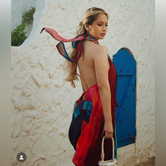 Zara BEADED HALTER multicolored print open back asymmetric hem DRESS sz.XS - Picture 10 of 17